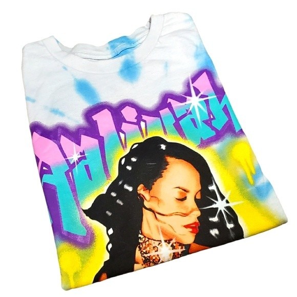 AALIYAH Tie Dye Graphic T-shirt Light Blue/White M - Picture 3 of 5